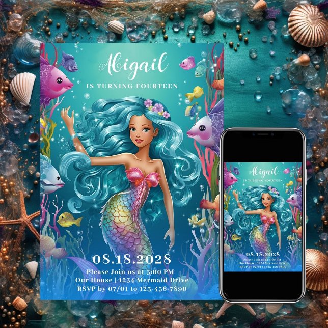 Convite Sereia Whimsical Glamorosa Sob O Aniversário Do Ma (Glamorous Whimsical Mermaid Under the Sea Birthday Invitation)