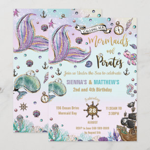 Convite Sereias e Piratas Gêmeos Aniversário Sob o Mar