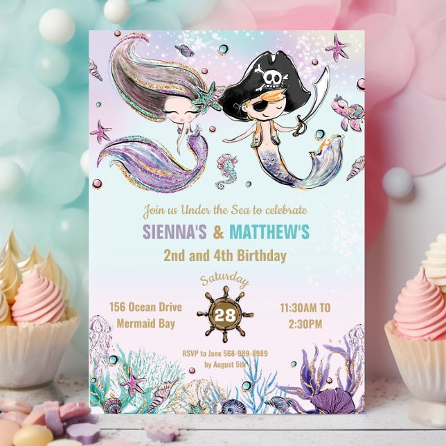 Convite Sereias e Piratas Gêmeos Irmãos Aniversário Conjun (whimsical-brunette-mermaid-and-pirate-under-the-sea-pool-birthday-party-twins-joint-invitation-cards)