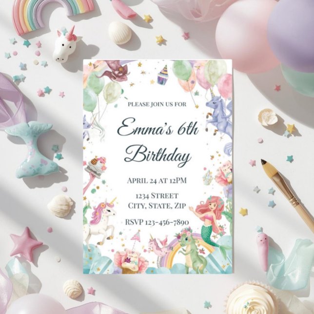 Convite Sereias Mágicas Unicórnios Arco-íris Festa de Aniv (Criador carregado)