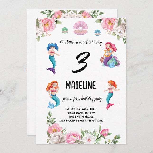 Convite Sereias para o aniversário de meninas (Frente/Verso)