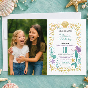 Convite Sereiazinha Dourada Aniversário de 10 anos Sob o