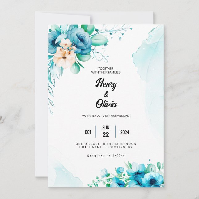 Convite Serenade em Azul: Casamento Floral de Aquarela (Frente)