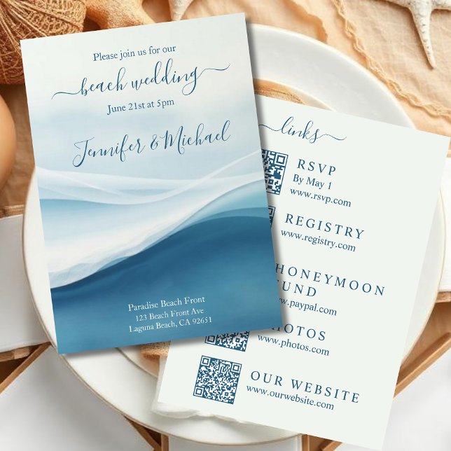 Convite Serene Blue Abstract Beach Wedding-All In One (Serene Blue Abstract Beach Wedding Invitation All In One)
