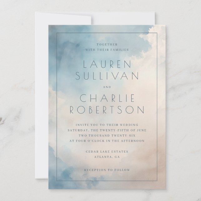Convite Serene Blue Watercolor Wedding Invitation (Frente)