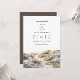 Convite Serene Dawn Coastal Path Watercolor Beach Wed