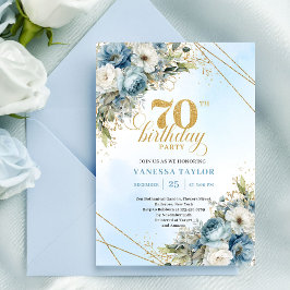 Convite Serene dusty blue watercolor florals 70th birthday