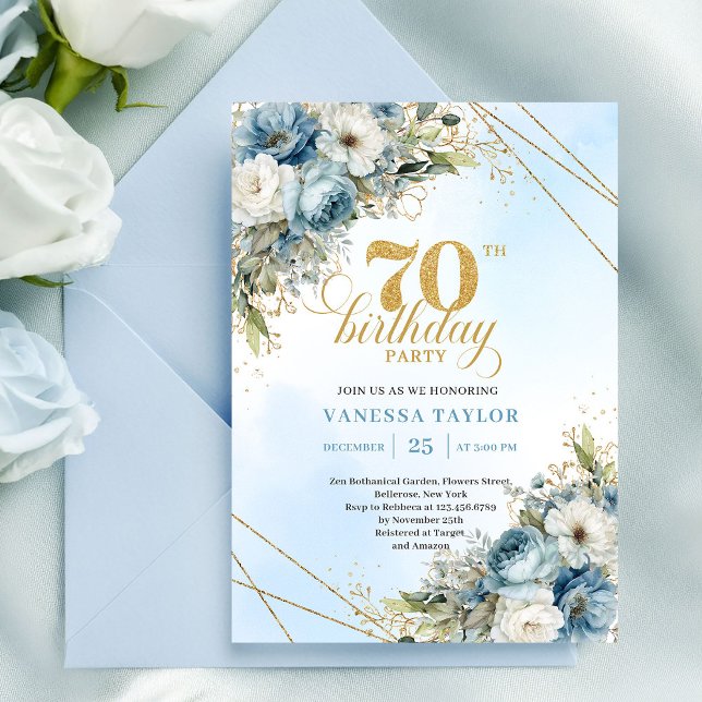 Convite Serene dusty blue watercolor florals 70th birthday (Serene dusty blue watercolor florals 70th birthday

)