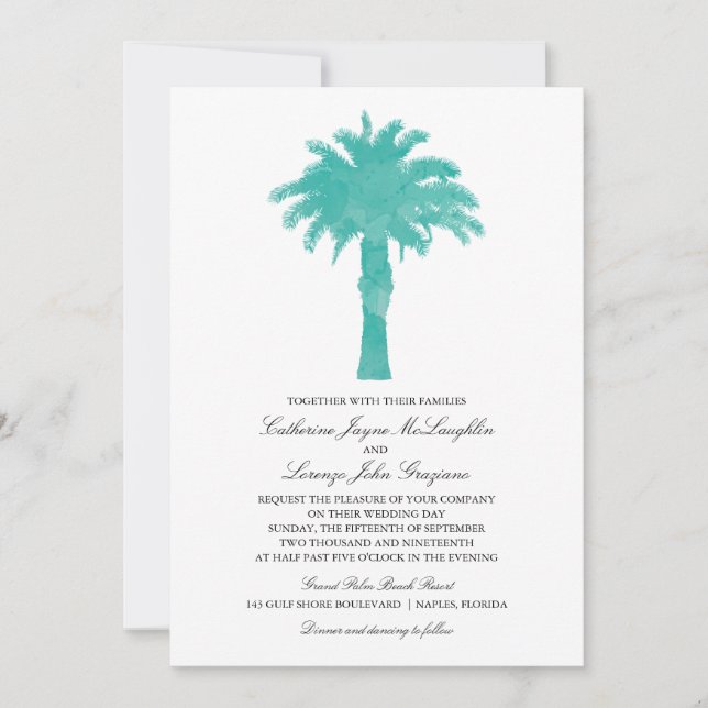 Convite Serene Palm Tree Watercolor | Casamento (Frente)