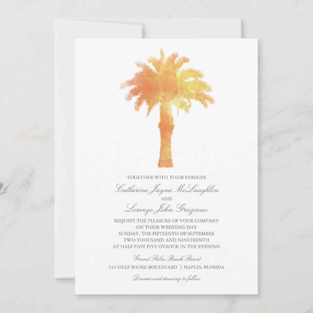 Convite Serene Palm Tree Watercolor | Casamento (Frente)