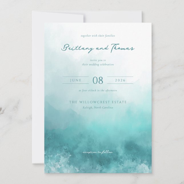 Convite Serene Teal Watercolor Waves (Frente)