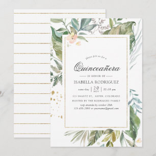 Convite Serenidade Aquarela Verde Geométrico Quinceañera