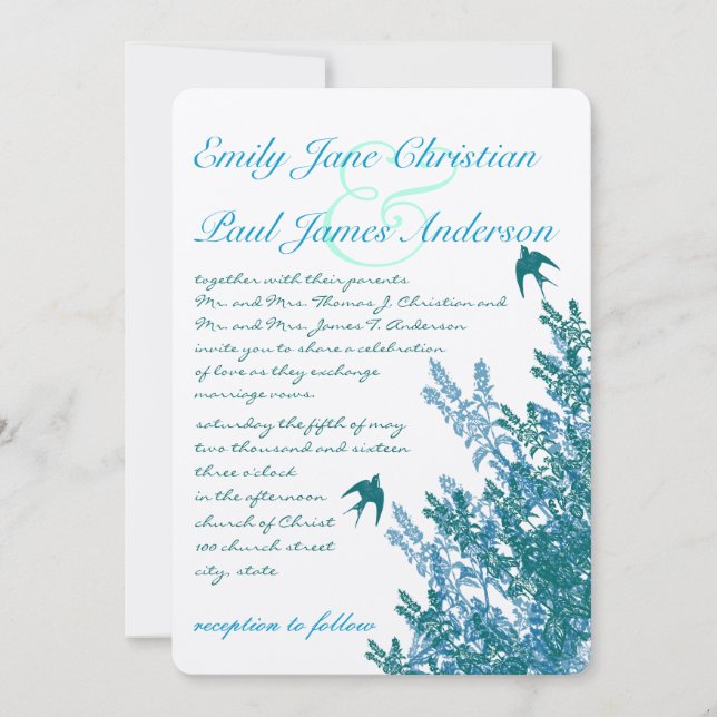 Convite Serenity Blue and Aqua Floral Wedding Invites (Frente)