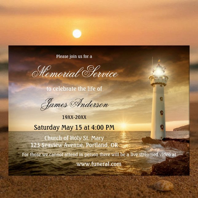 Convite Serviço de Memória Funeral Costeira do Farol (Memorial or funeral service invitation featuring a coastal scene with a lighthouse)