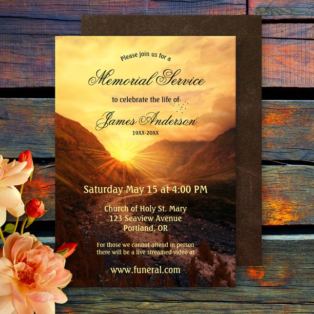 Convite Serviço de Memória Funeral Sunset de Montanha (Memorial, funeral service or celebration of life invitation featuring a sunset over the mountains)