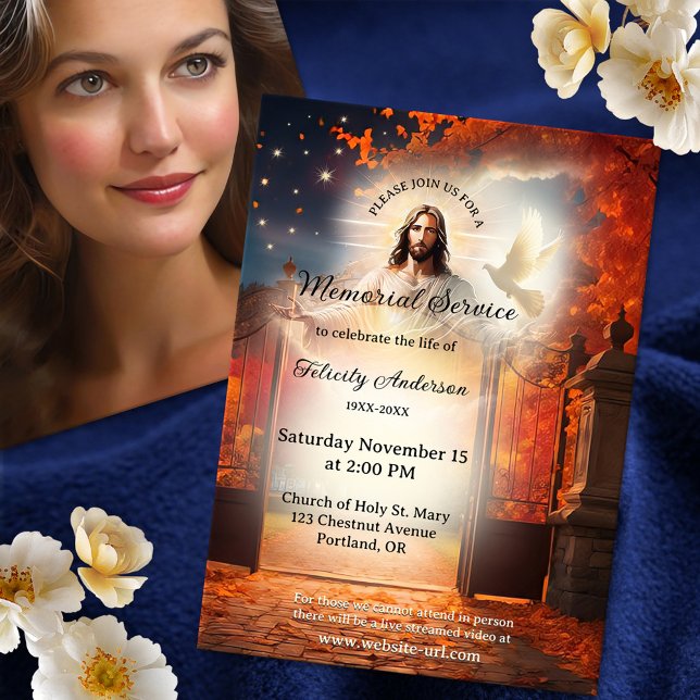 Convite Serviço de Memorial do Funeral Cristão Moderno (Memorial, funeral service or celebration of life invitation featuring Christ at heaven's gate)