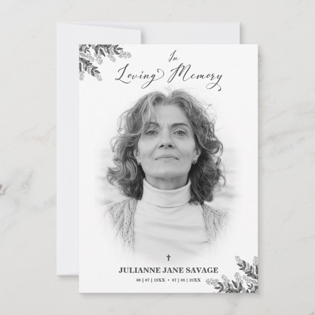 Convite Serviço Funeral Black White de Lembrança de Fotos (Frente)