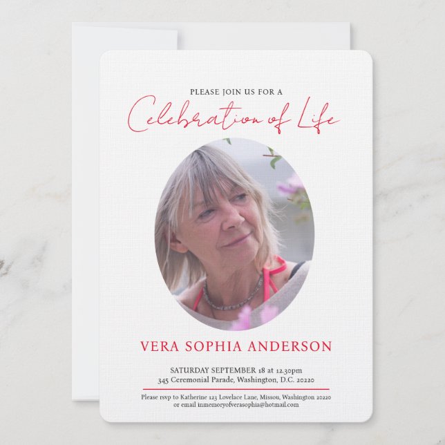 Convite Serviço Memorial coração foto oval vermelha preto (Frente)