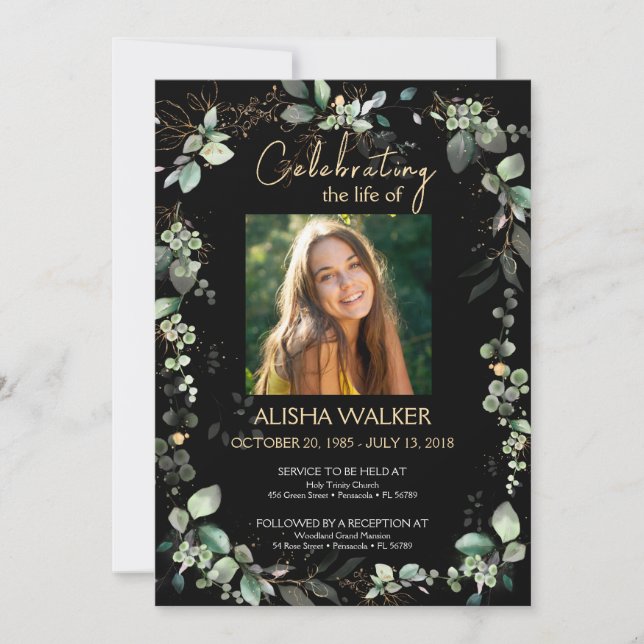 Convite Serviço Memorial de Fotografias de Folhagem Negra  (Frente)