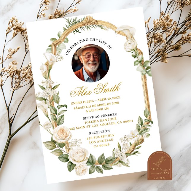Convite Serviço Memorial de Funeral de Rosa e Lírio Branco (Criador carregado)