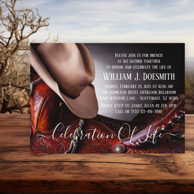 Convite Serviço Memorial de Funeral de Selim de Chapéu de  (Hat and saddle memorial invitation. Simply add your event details.)