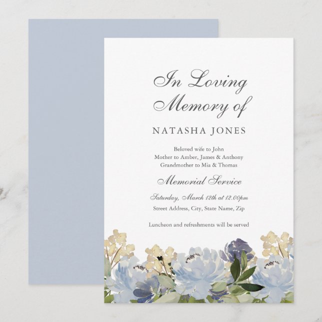 Convite Serviço Memorial Floral Azul Elegante (Frente/Verso)
