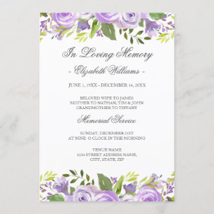 Convite Serviço Memorial Floral em Aquarela Roxa Elegante