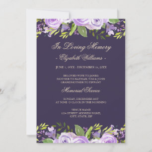 Convite Serviço Memorial Floral em Aquarela Roxa Elegante