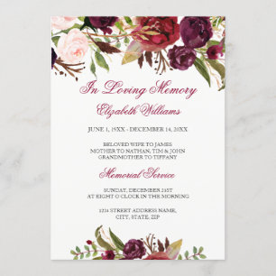 Convite Serviço Memorial Floral Vermelho Elegante Burgundy