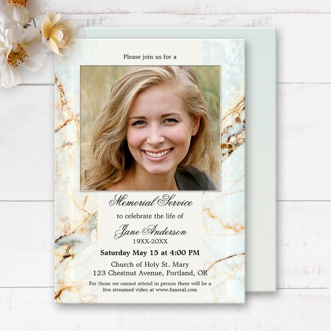 Convite Serviço Memorial Funeral Elegante Marble (Elegant memorial or funeral service invitation featuring your custom photo framed by a marble design)
