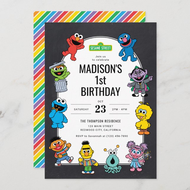Convite Sesame Street Characters Chalkboard Birthday (Frente/Verso)