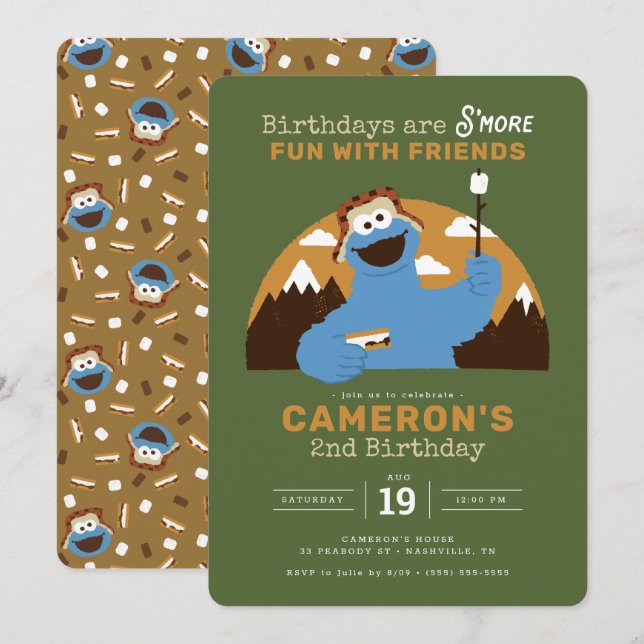 Convite Sesame Street - Cookie Monster | Aniversário S'mor (Frente/Verso)