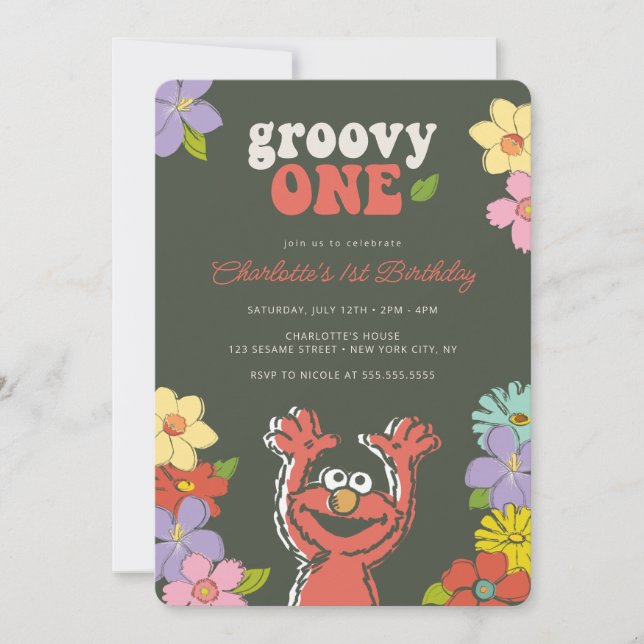 Convite Sésame Street Elmo | Groovy One Floral Birthday (Frente)