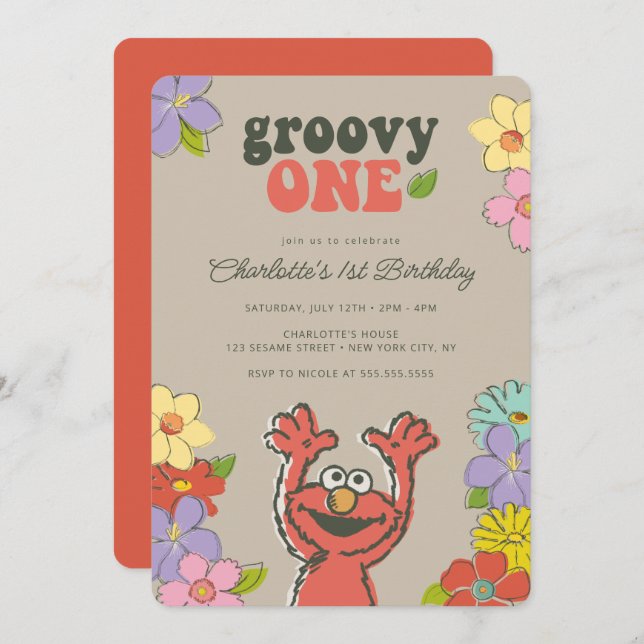 Convite Sésame Street Elmo | Groovy One Floral Birthday (Frente/Verso)