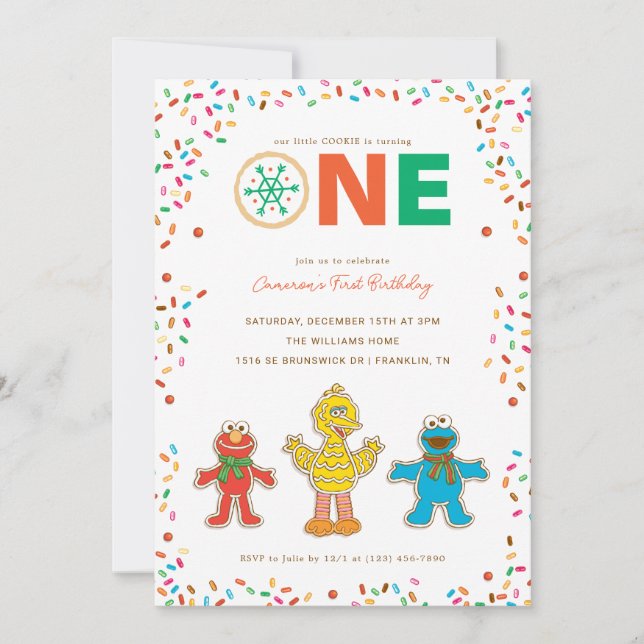 Convite Sesame Street Natal Cookie Primeiro Aniversário (Frente)