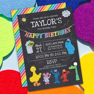 Convite Sesame Street Pals Chalkboard primeiro aniversario