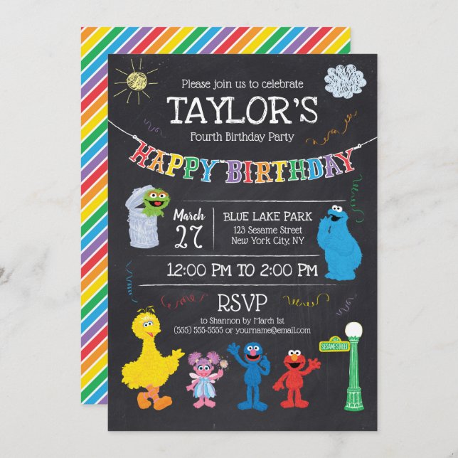 Convite Sesame Street Pals Chalkboard Rainbow 4º aniversár (Frente/Verso)