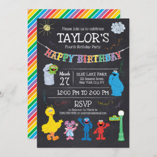Convite Sesame Street Pals Chalkboard Rainbow 4º aniversár