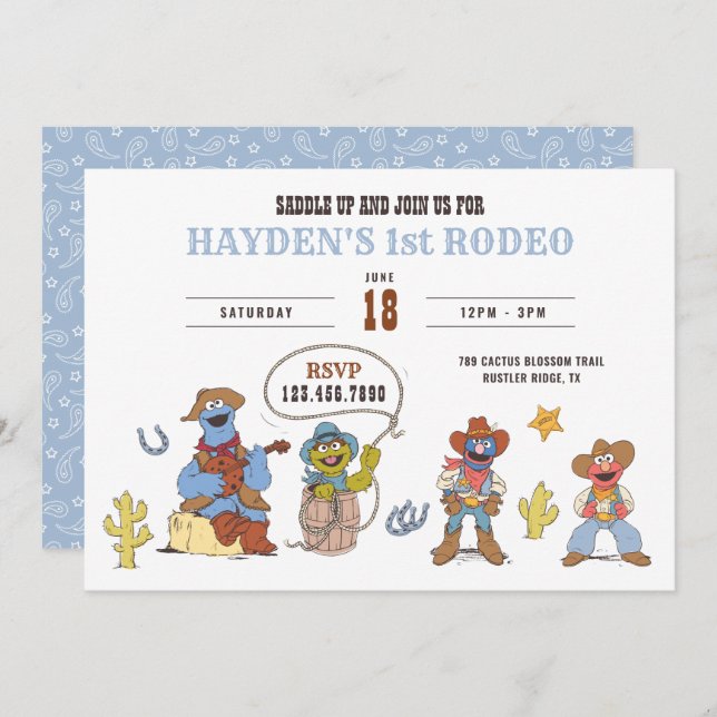 Convite Sesame Street Rodeo Cowboy Birthday  (Frente/Verso)