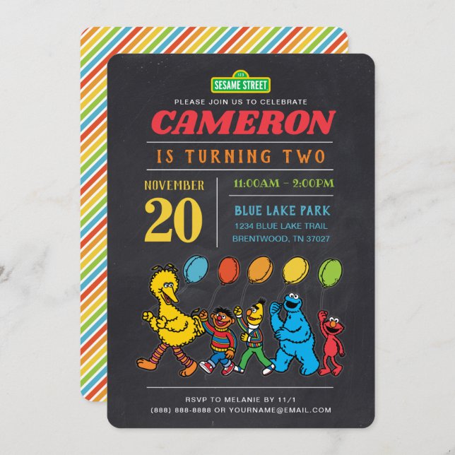 Convite Sésamo Street Pals | Balões de Chalkboard Aniversá (Frente/Verso)