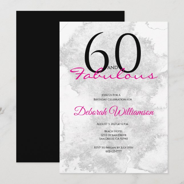 Convite Sessenta e Fabuloso Preto Rosa 60º Aniversário (Frente/Verso)