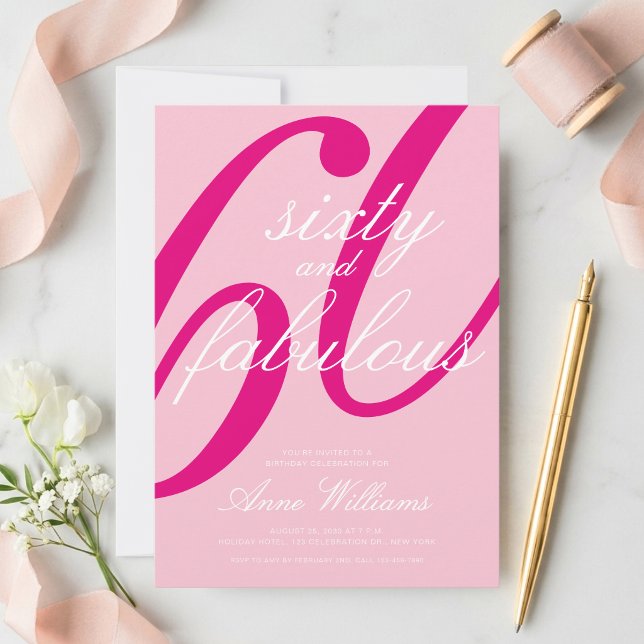 Convite Sessenta e Fabuloso Script Rosa Aniversário de 60  (Criador carregado)