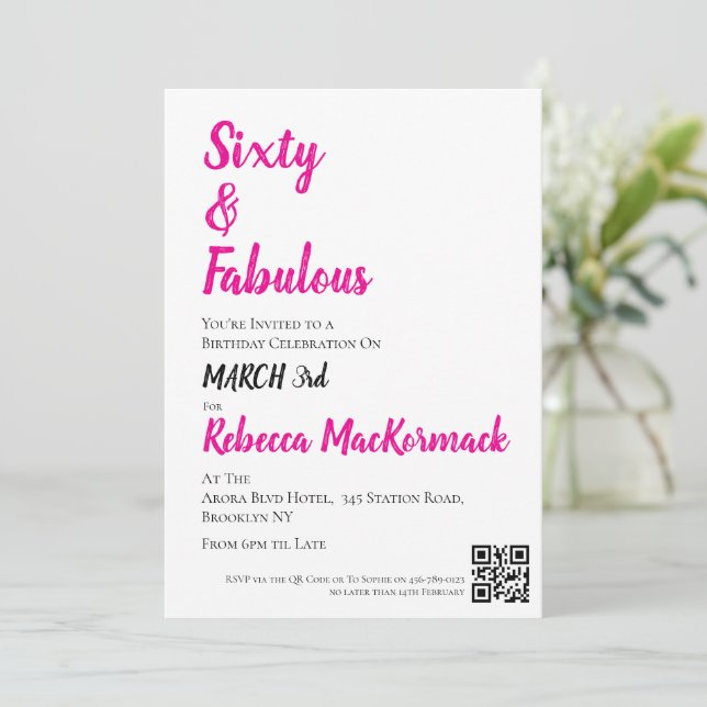 Convite Sessenta e Fabuloso Script Rosa Aniversário de 60  (Em pé/Frente)