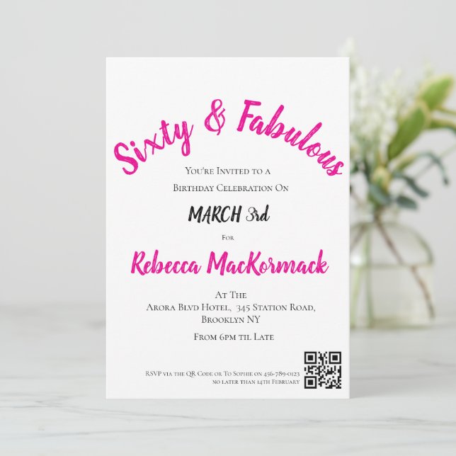 Convite Sessenta e Fabuloso Script Rosa Aniversário de 60  (Em pé/Frente)
