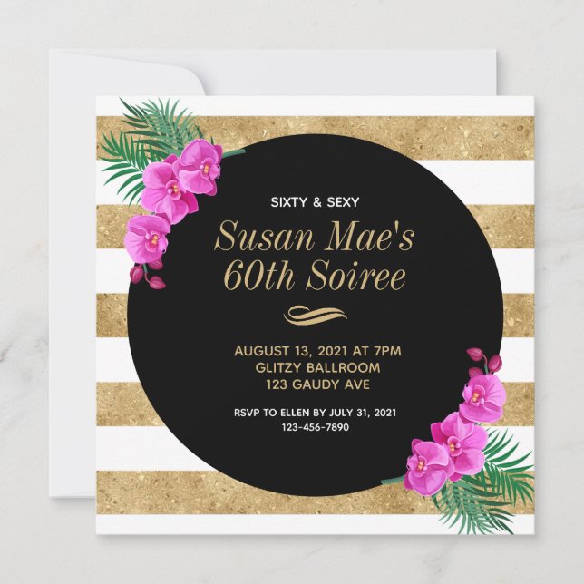 Convite Sessenta e sexy Black Dourada 60ª Festa de anivers (Frente)