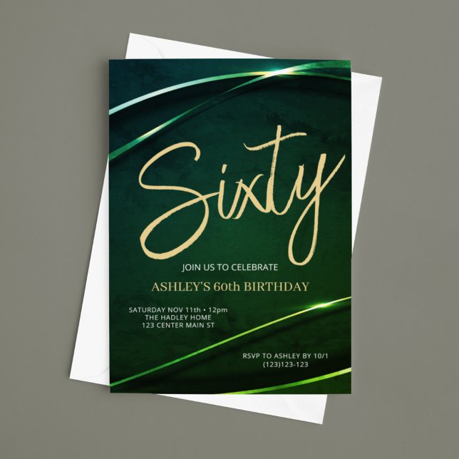 Convite Sessenta Emerald Green e Dourado aniversário de 60 (Criador carregado)
