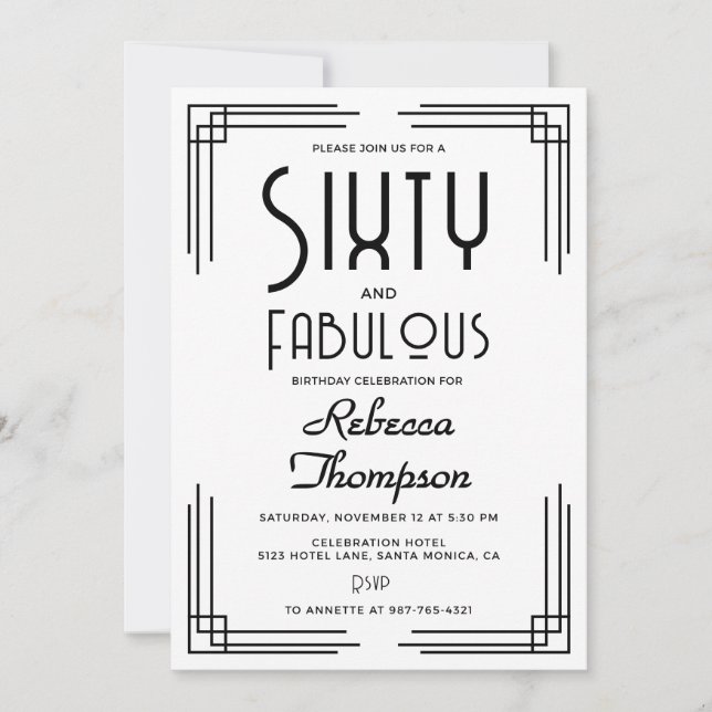 Convite Sessenta Fabuloso Preto Branco Art Déco 60º Aniver (Frente)