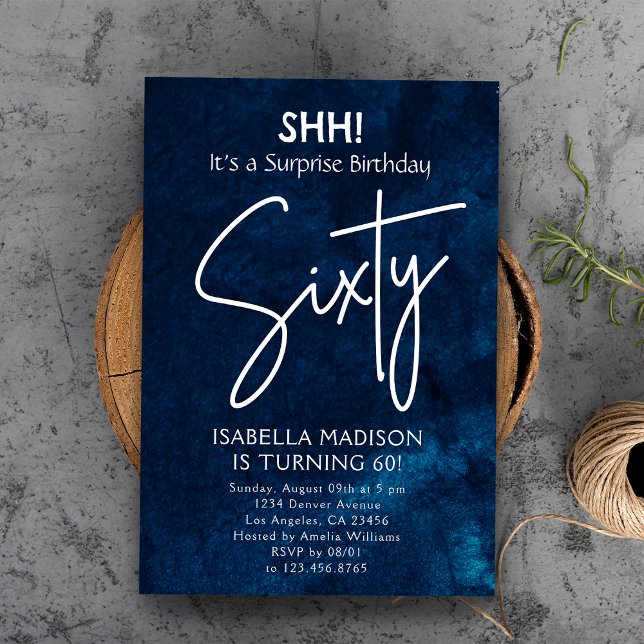 Convite Sessenta | Marinho Blue 60th Birthday Surprise Par (Sixty | Navy Blue 50th Birthday Surprise Party Invitation
)