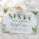 Convite Sessenta Verão Tropical Greenery 60th Festa de ani<br><div class="desc">Sessenta convites para comemoração que são chic, na moda e fabuloso! Apresentar a palavra 'SEXTA', adornada com folhagem tropical aquosa, é uma forma clara e escura de verde. O convite é decorado com elegantes folhas botânicas tropicais de aquarela com sotaques de ouro falsos e um modelo de aniversário moderno combinado...</div>