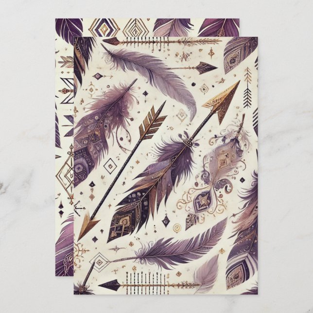 Convite Setas e Penas de Boho Puro e Douradas Imprimíveis (Frente/Verso)